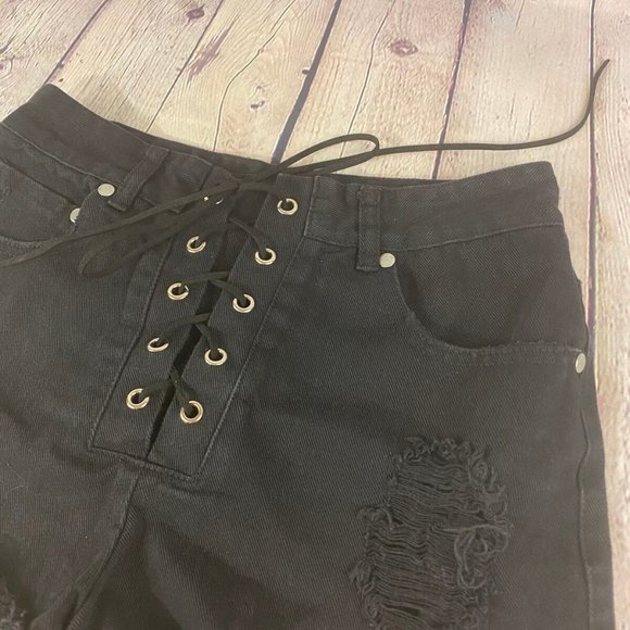 Ecru Lab Lace Up Ranger Black Distressed Shorts - Picture 3 of 8